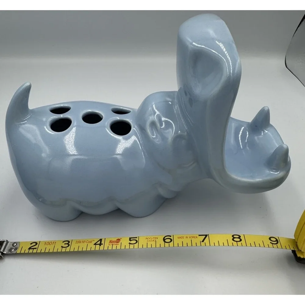 Vintage Blue Ceramic‎ Hippo Soap Toothbrush pen card Holder Cup Animal Bathroom